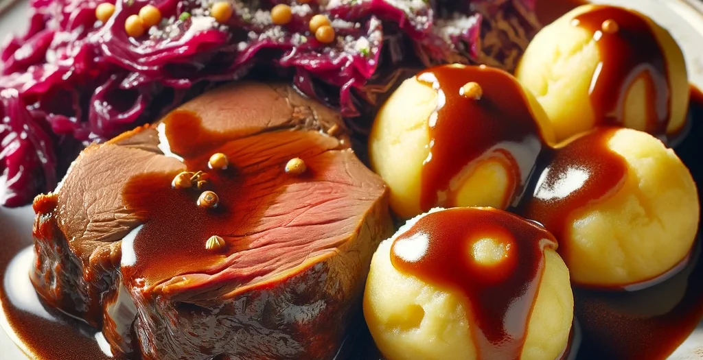 Sauerbraten mit Kartoffelklößen und Rotkohl