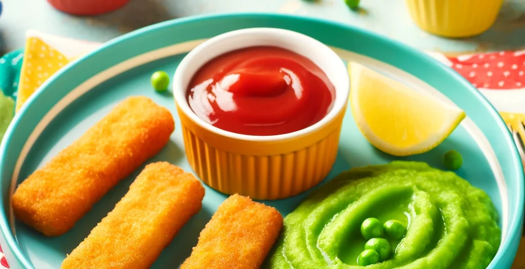 Selbstgemachte Fischstäbchen mit Erbsenpüree und Ketchup