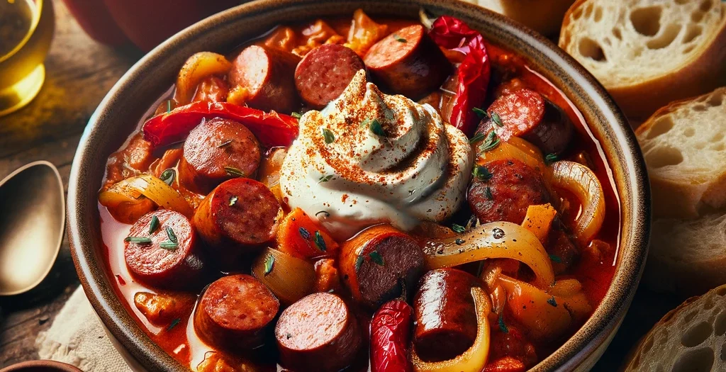 Würstchengulasch mit Paprikaschmand und Ciabatta