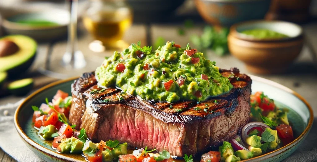 Gegrilltes Rib-Eye-Steak mit Avocado-Meerrettich-Salsa