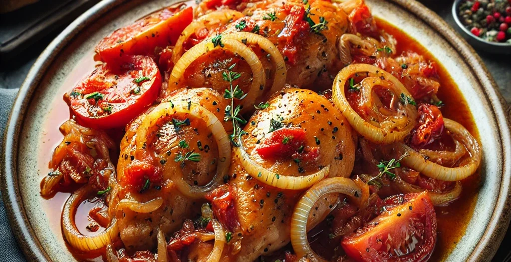 Geschmortes Huhn - Zwiebeln - geriebene Tomaten