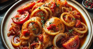 Geschmortes Huhn - Zwiebeln - geriebene Tomaten