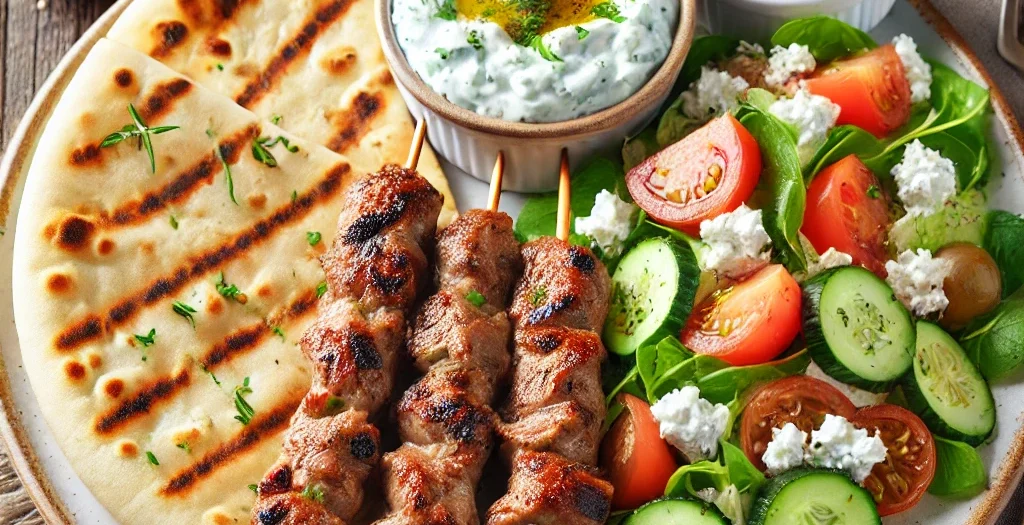 Souvlaki mit Fladenbrot Tzatziki und Salat