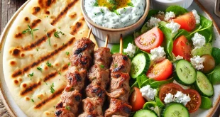 Souvlaki mit Fladenbrot Tzatziki und Salat