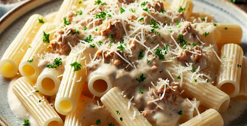 Weiße Bolognese auf Rigatoni