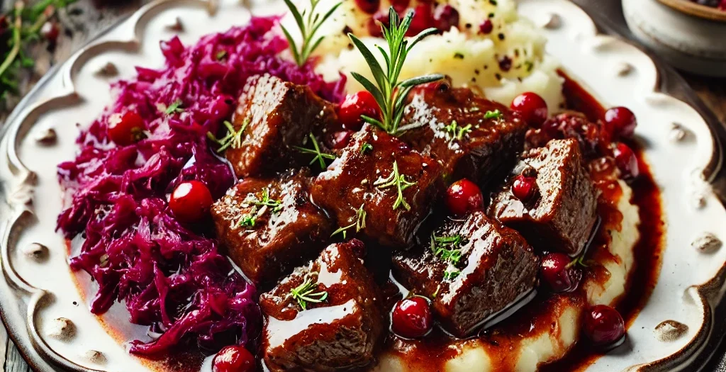 Hirschgulasch mit Preiselbeer-Rotkohl