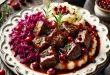 Hirschgulasch mit Preiselbeer-Rotkohl