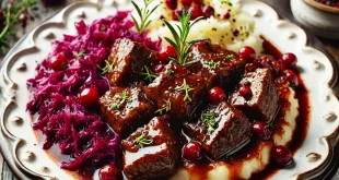 Hirschgulasch mit Preiselbeer-Rotkohl