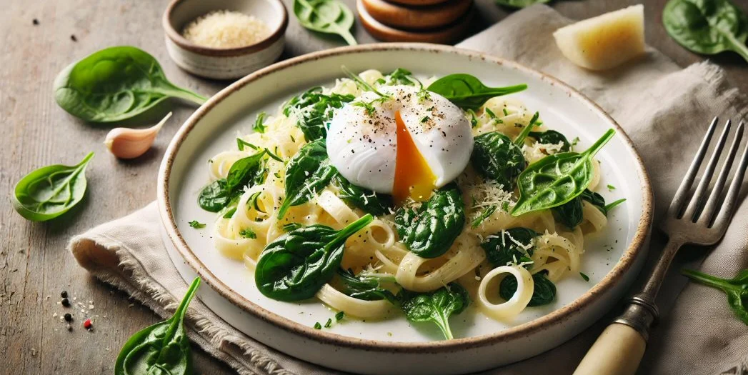 pasta mit babyspinat und pochiertem ei