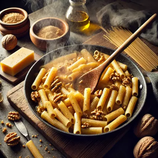 Rigatoni mit Nussbutter vermengen