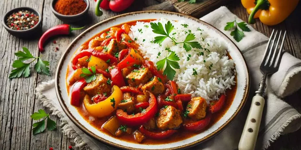 putengulasch mit paprika und reis