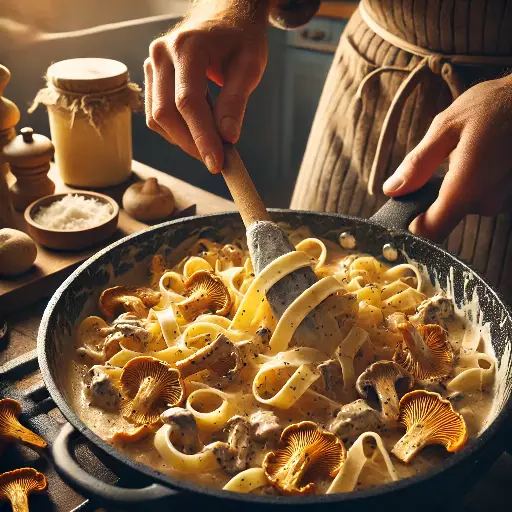 Tagliatelle mit Sauce vermengen