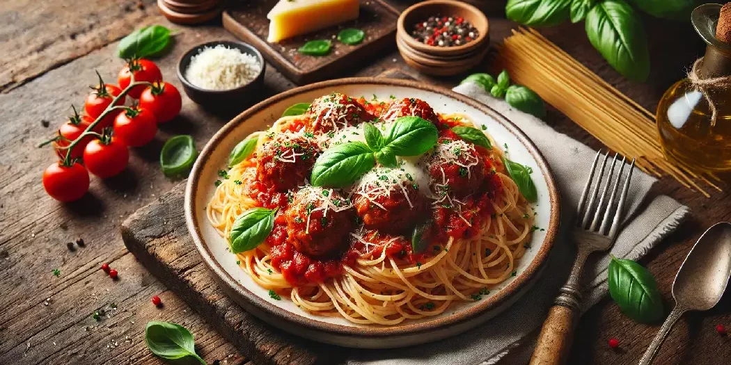 spaghetti mit hackbällchen und mozzarella