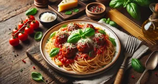 spaghetti mit hackbällchen und mozzarella