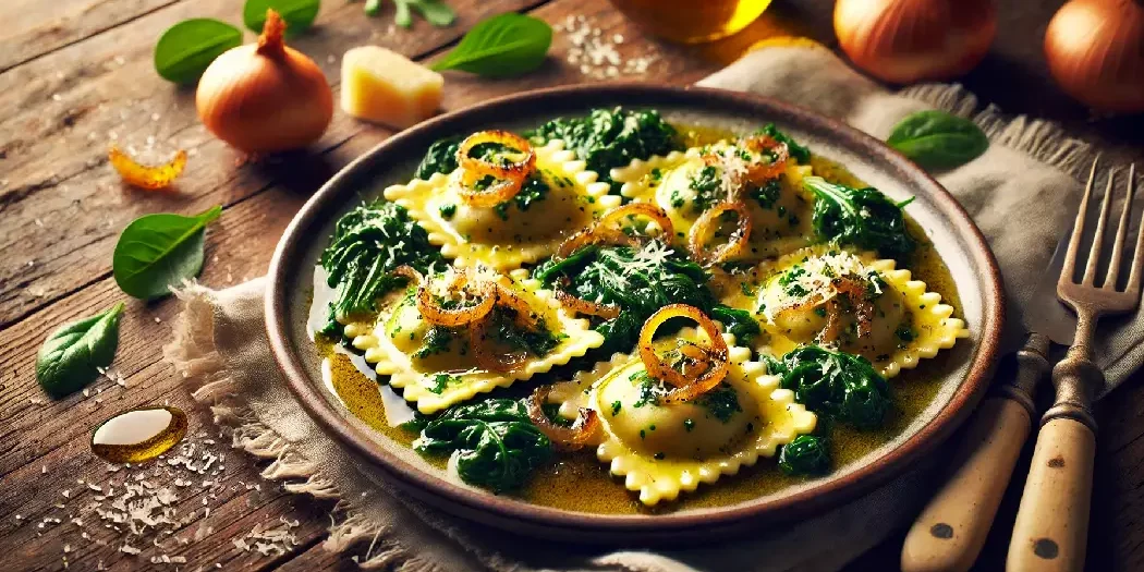 spinat ravioli mit honigzwiebeln